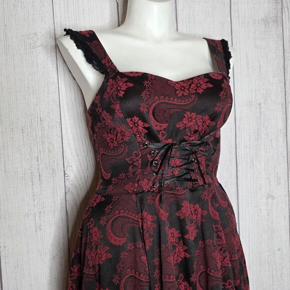 Hearts & Roses Corset Dress Gothic Lolita Black & Wine Red Floral, sz 12 - Picture 2 of 6